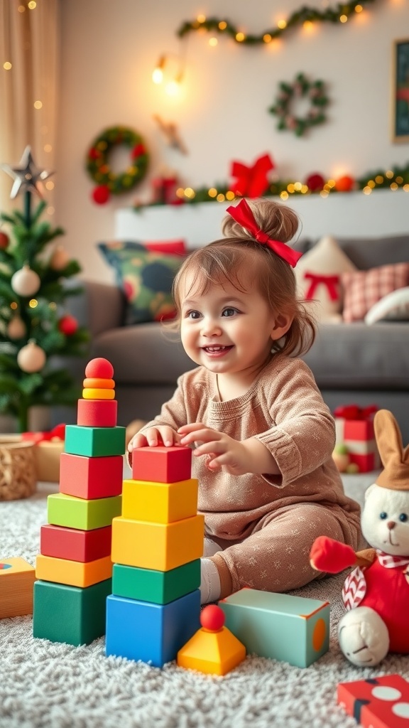 Top Christmas Gift Ideas for 18-Month-Old Girls An 18-month-old girl happily playing with stacking blocks and plush toys in a festive Christmas setting.